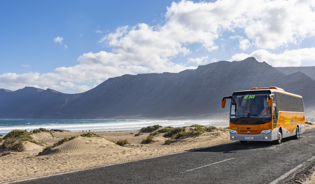 Autobús ruta 230 circula junto a la costa de Tenerife con montañas al fondo.