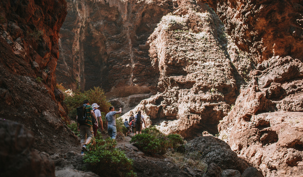 Sendero rocoso en el Barranco del Infierno, Tenerife, con personas caminando.