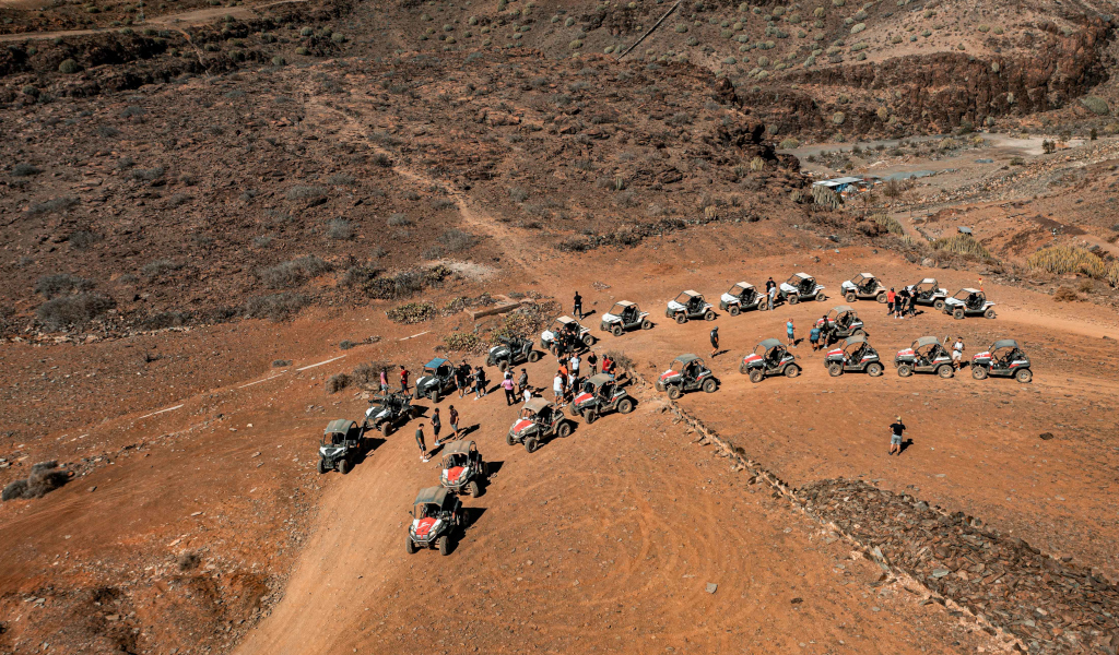 Grupo de buggies formando un semicírculo en un paisaje árido de Tenerife.