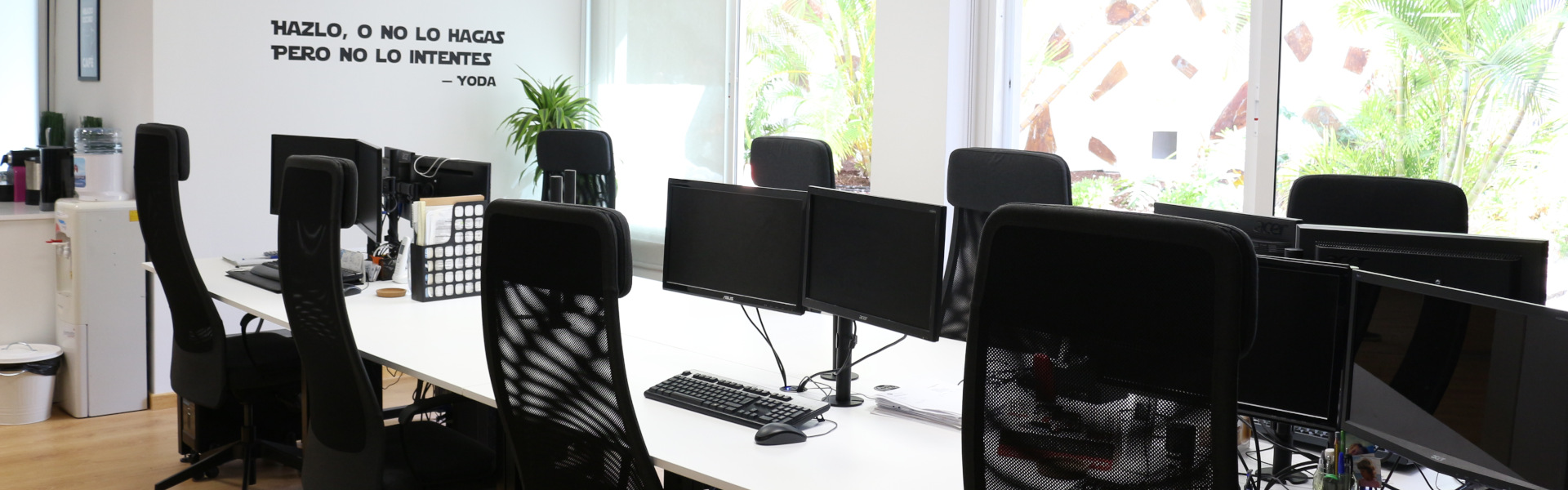 Oficina con escritorios y computadoras, cita de Yoda en la pared en Tenerife.