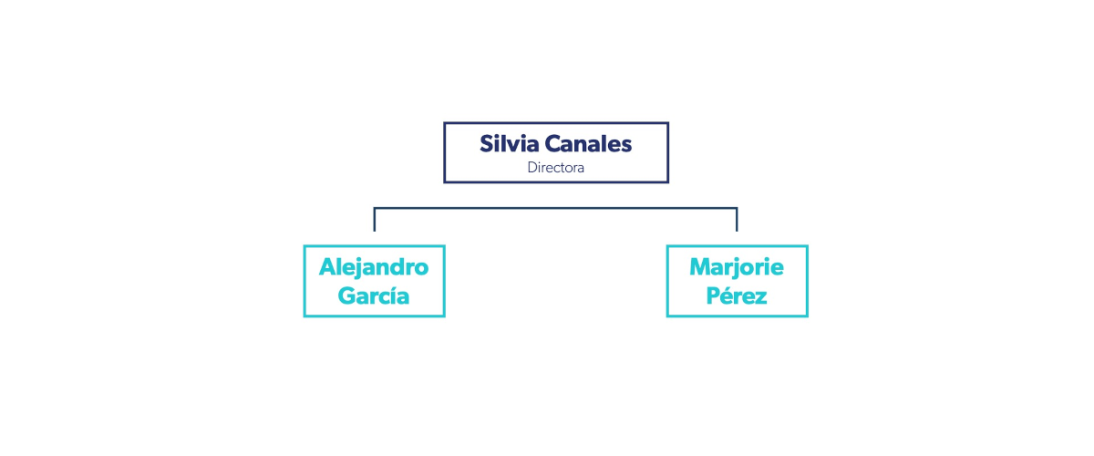 Diagrama jerárquico de Silvia Canales, directora, con Alejandro García y Marjorie Pérez.