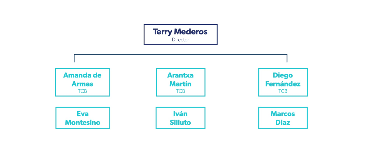 Estructura jerárquica: Terry Mederos, Director, con Amanda de Armas, Arantxa Martín, Diego Fernández, Eva Montesino, Iván Siliuto, Marcos González.