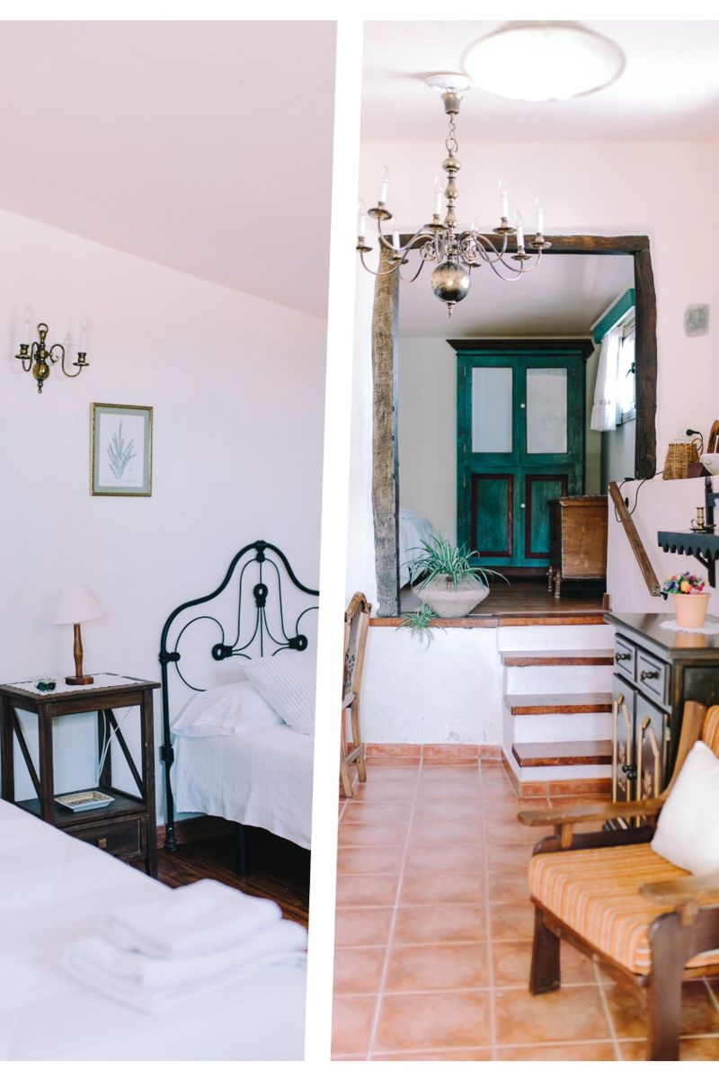 Habitación y sala de estar decoradas en casa rural en Tenerife.