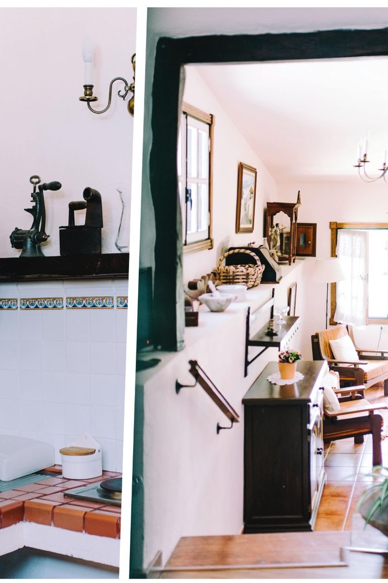 Cocina y sala de estar con decoración rústica en una casa en Tenerife.