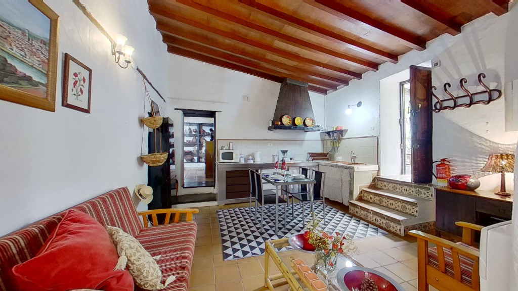 Sala de estar con techo de madera y cocina rústica en vivienda de Tenerife.