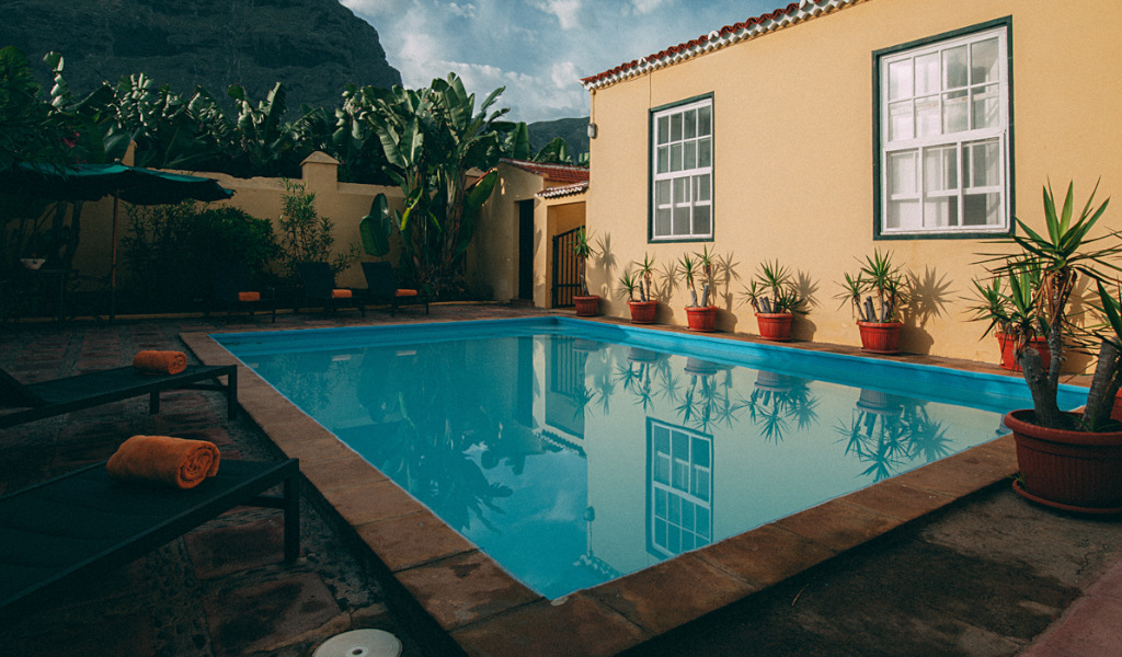 Piscina rodeada de plantas en un patio con tumbonas en Tenerife.