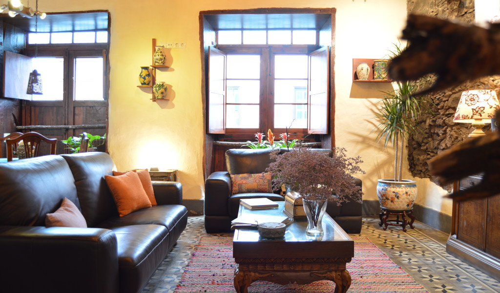 Sala de estar con sillones oscuros, mesa de centro y plantas junto a ventana en Tenerife.