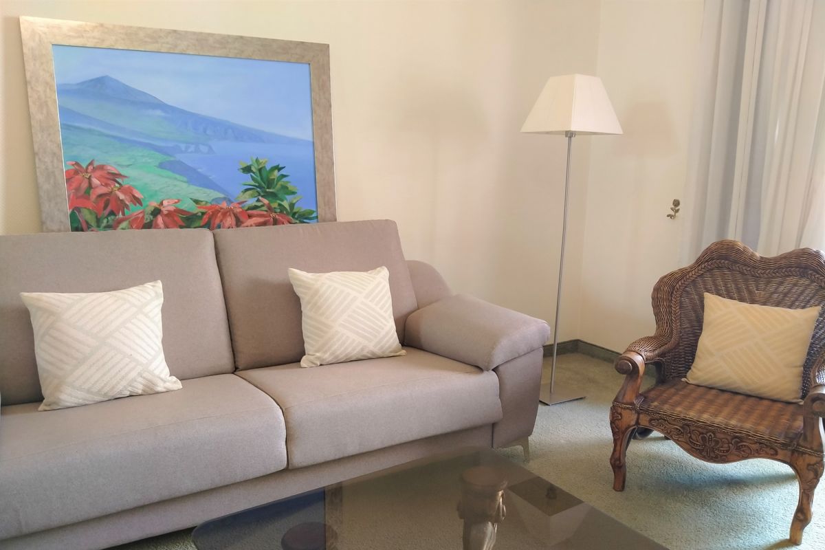 Sofá gris con cojines y cuadro del Teide en sala de estar en Tenerife.