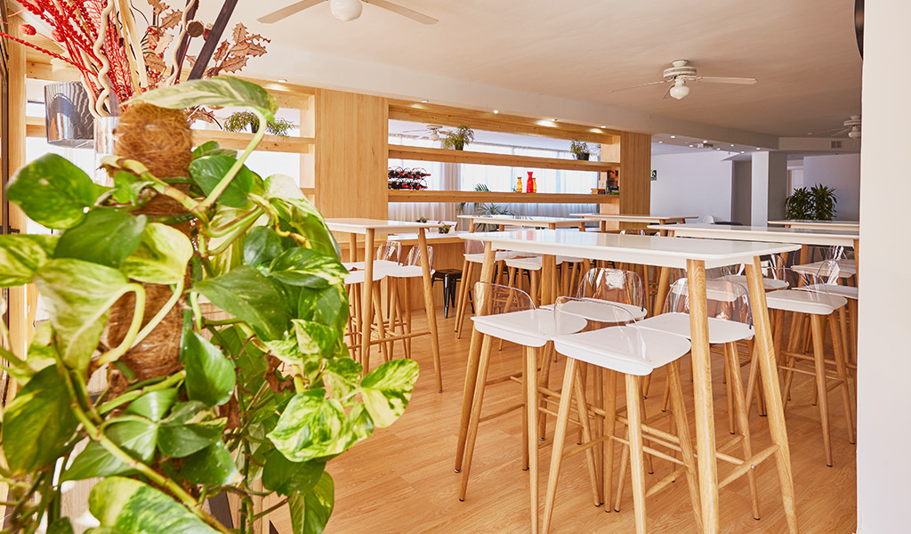 Restaurante con mesas altas de madera y plantas en el interior, Tenerife.