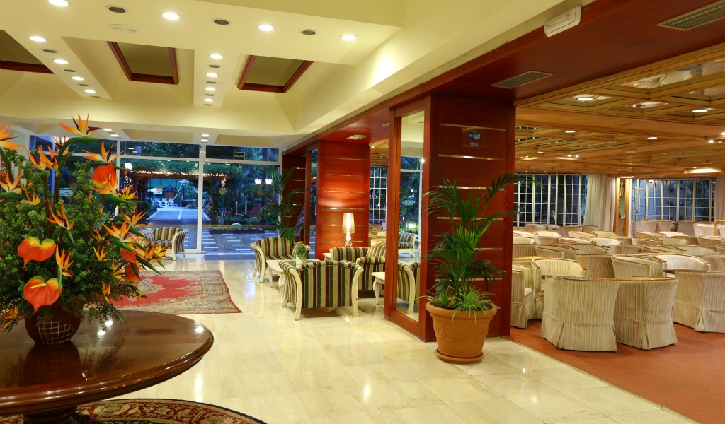 Vestíbulo elegante con plantas y sillones en hotel de Tenerife.