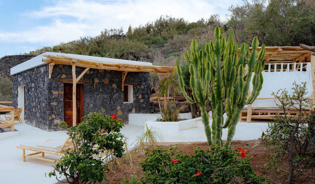 Casa rural de piedra y cactus en Tenerife, rodeada de vegetación y muebles de madera.