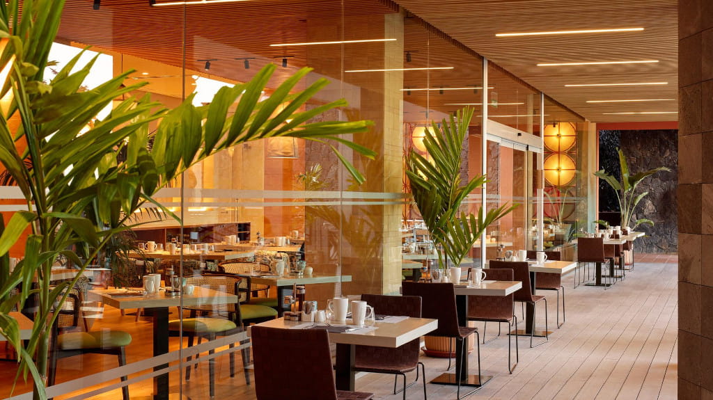 Restaurante en Tenerife con mesas elegantes y plantas decorativas.