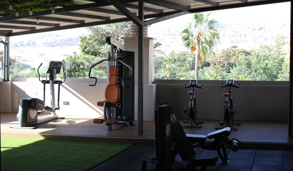 Gimnasio al aire libre con vistas en Tenerife, equipo de ejercicio y bicicletas estáticas.
