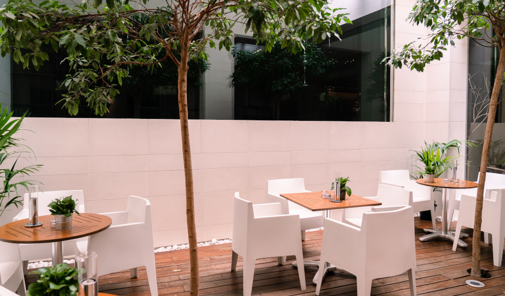 Terraza con mesas y sillas blancas rodeadas de plantas en Tenerife.