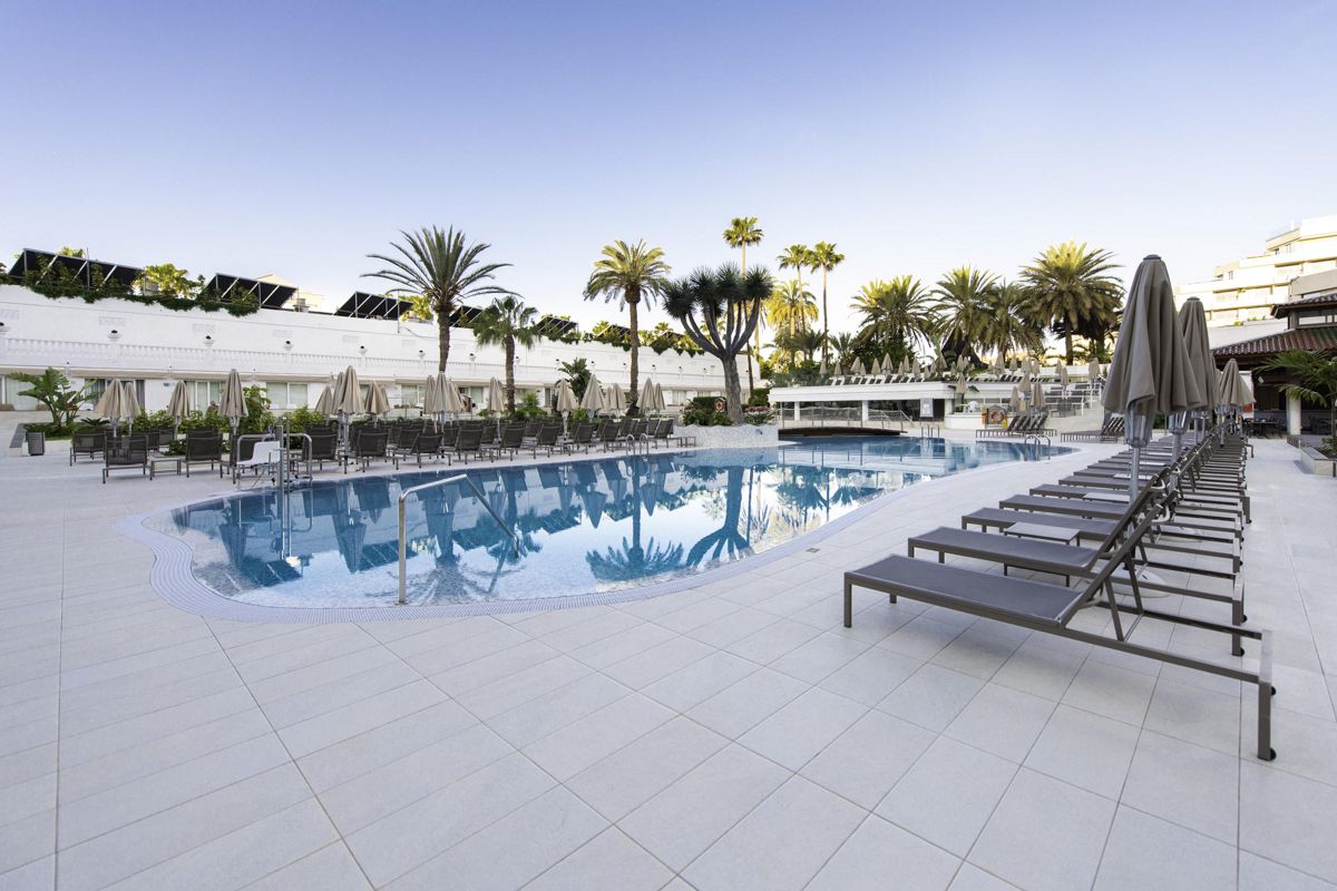 Piscina con palmeras y tumbonas en Tenerife.