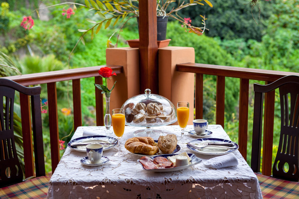 Desayuno con jugo y pan en terraza con vista al jardín tropical en Tenerife.
