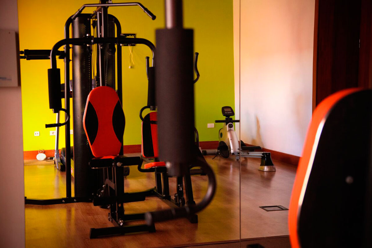 Equipos de gimnasio en sala con pared verde en Tenerife.
