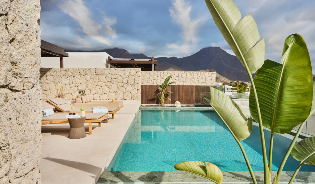 Piscina al aire libre con tumbonas y plantas, montañas al fondo en Tenerife.