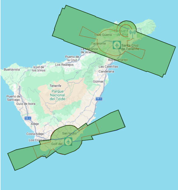 mapa de la isla tenerife señalando el area de actividades en el aeropuerto