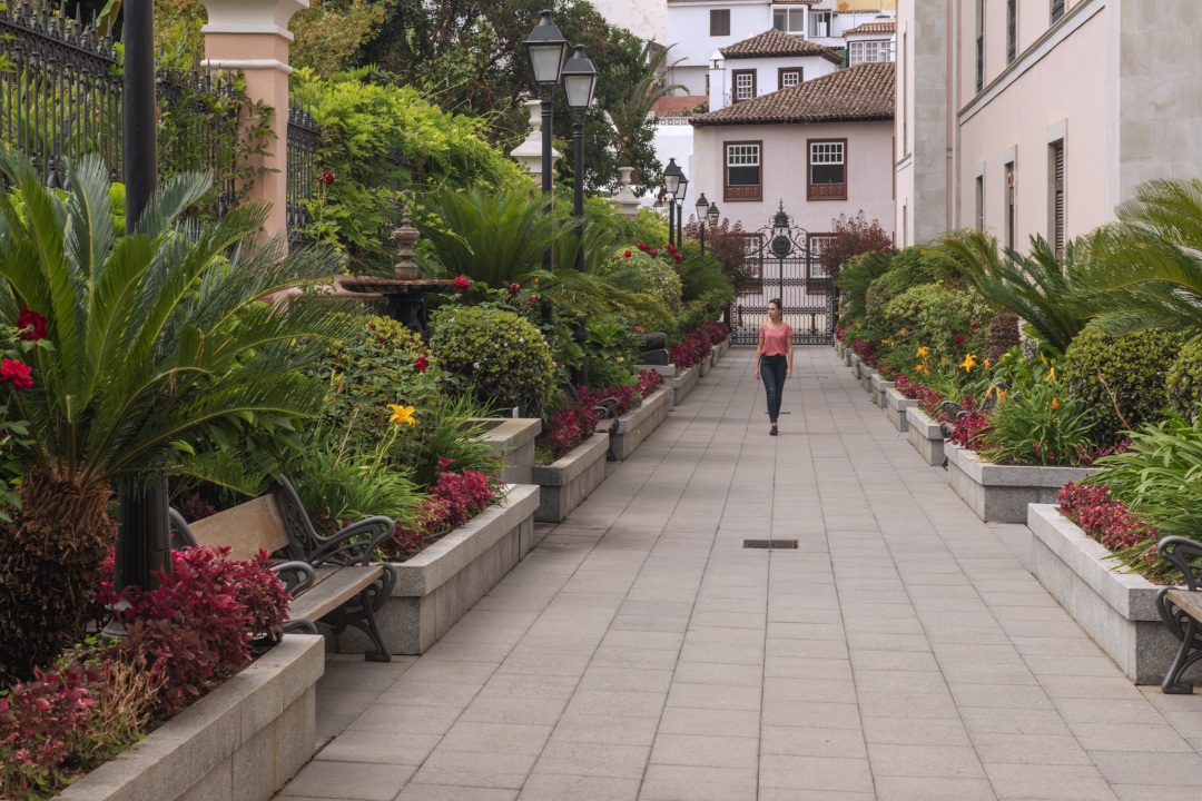 Camino ajardinado con persona caminando en La Laguna, Tenerife.