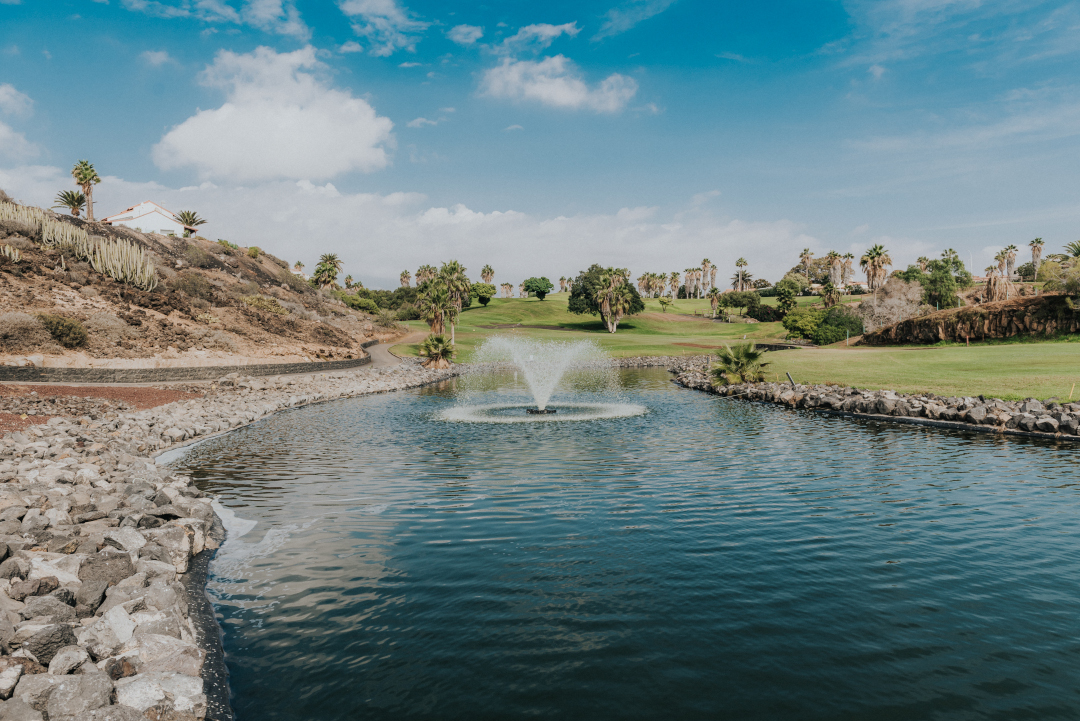 Fuente en un estanque rodeado de palmeras en un campo de golf en Tenerife.