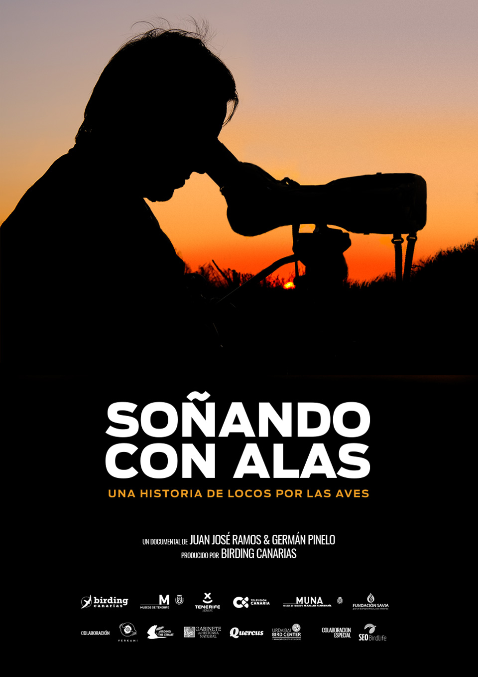 Silueta de persona observando con telescopio al atardecer. Texto: Soñando con Alas.