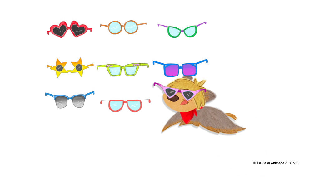 Dibujo de gafas coloridas y un perro caricaturesco usando gafas.