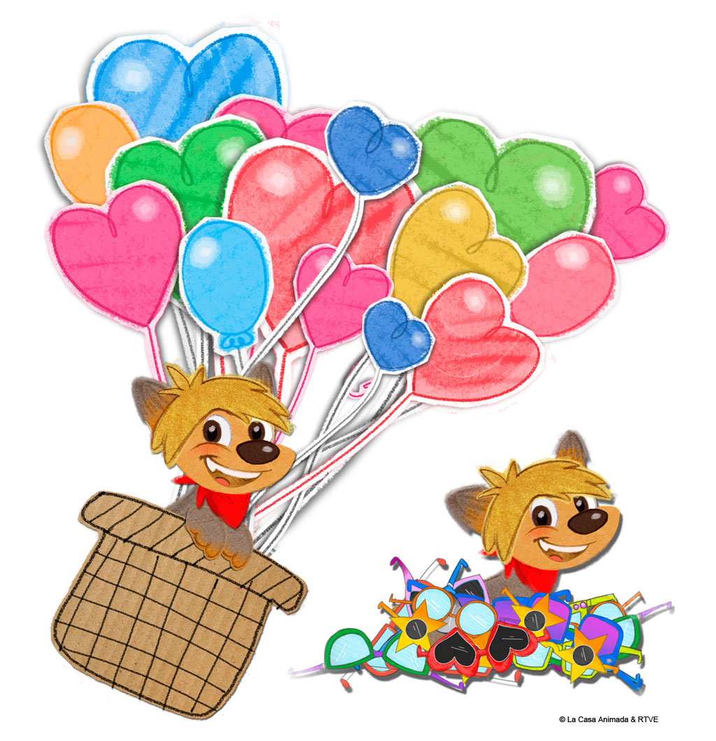 Perro feliz en una cesta elevada por globos de colores, sobre fondo blanco.