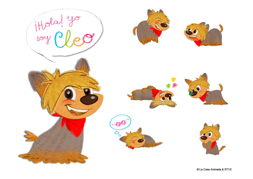 Cleo, perro animado con pañuelo rojo, en diferentes poses y expresiones. Texto: ¡Hola! Yo soy Cleo.