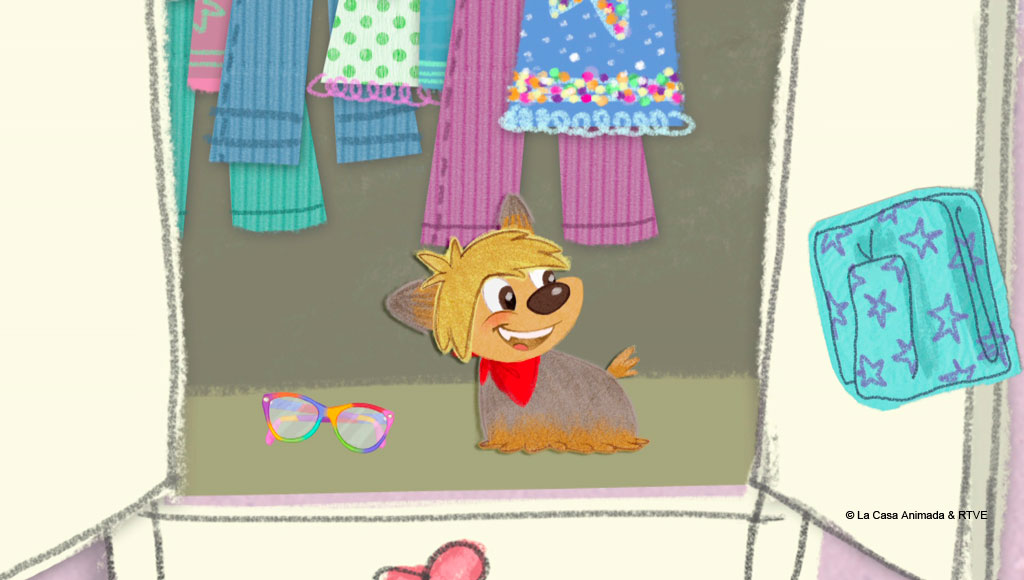 Perro animado con pañuelo rojo en armario junto a gafas de colores y ropa.