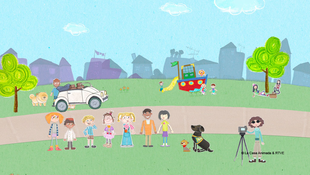 Grupo de personajes animados en un parque con casas al fondo.