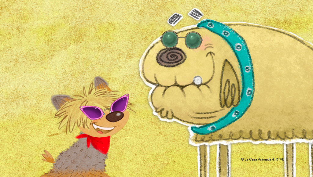 Dos perros caricaturescos con gafas de sol sonríen en un fondo amarillo.