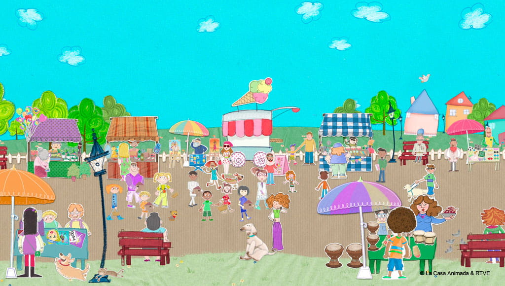 Ilustración de un mercado al aire libre con personas y puestos en Tenerife.