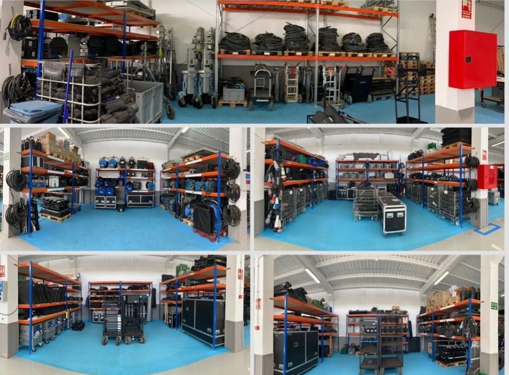 Equipos audiovisuales en estanterías de un almacén en Tenerife.
