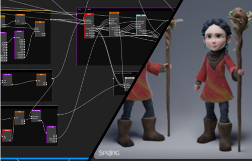 Diagrama de nodos y diseño de personaje animado con bastón en Tenerife