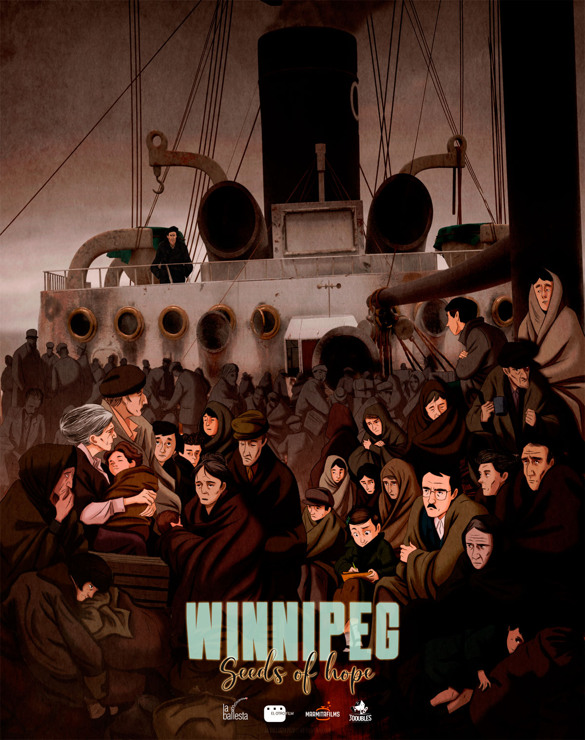 Personas refugiadas en un barco durante un viaje, texto: WINNIPEG Seeds of Hope.