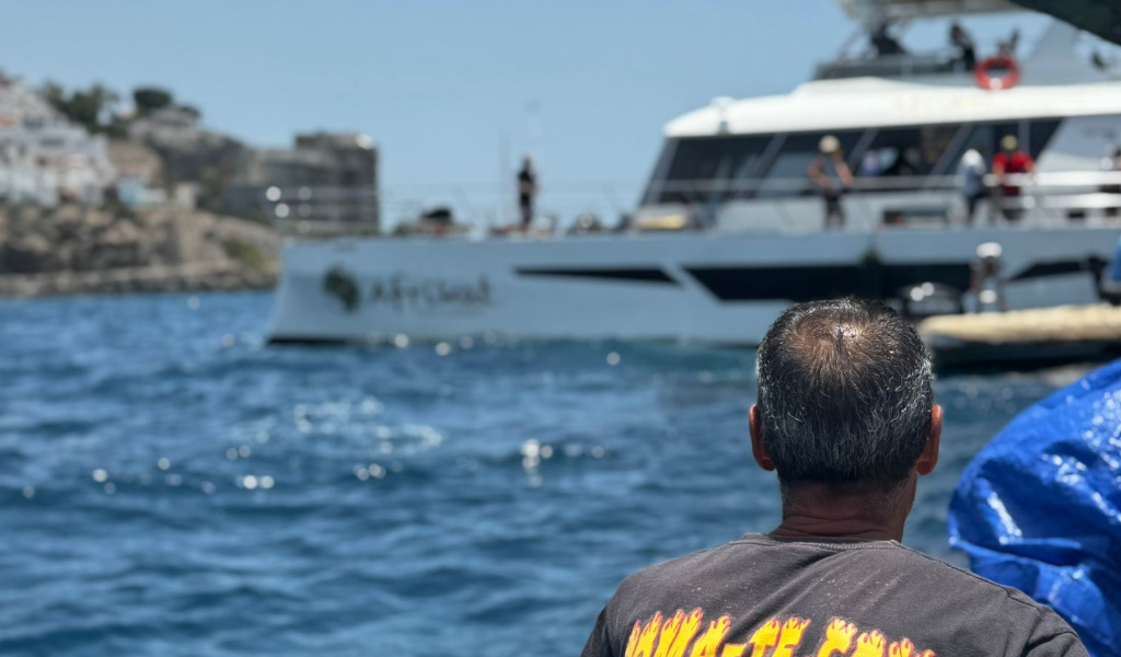 Persona mirando un barco de excursiones en el mar en Los Gigantes, Tenerife.