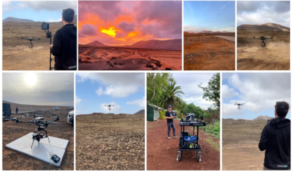 Varias imágenes: 1. Persona controlando dron sobre terreno árido en Tenerife.
2. Amanecer con cielo anaranjado sobre paisaje volcánico en Tenerife.
3. Camino de tierra y montañas al amanecer en Tenerife.
4. Dron en vuelo sobre paisaje desértico en Tenerife.
5. Dron en plataforma junto a coches estacionados en Tenerife.
6. Dron volando en cielo nublado sobre terreno montañoso en Tenerife.
7. Persona operando equipo técnico en zona arbolada de Tenerife.
8. Dron en el aire y persona observando en paisaje volcánico de Tenerife.