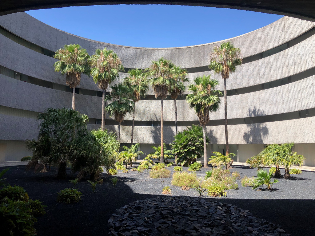 Patio con palmeras dentro de edificio en Santa Cruz de Tenerife.