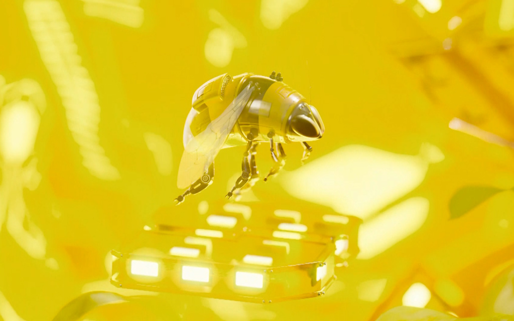 Abeja robótica volando en un entorno digital amarillo en Tenerife.