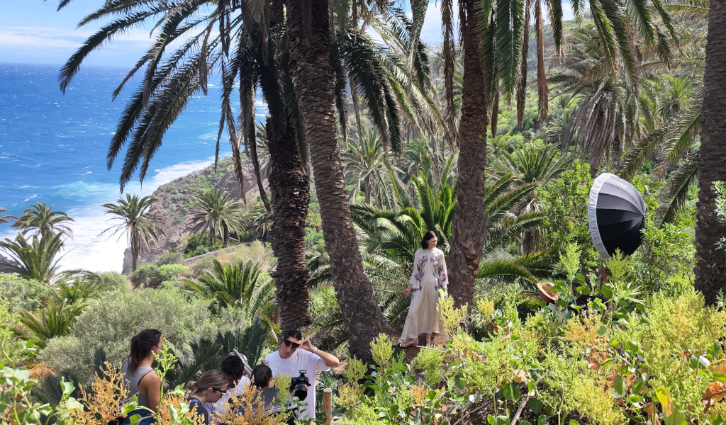 Grupo en sesión de fotos entre palmeras cerca del mar en Tenerife.