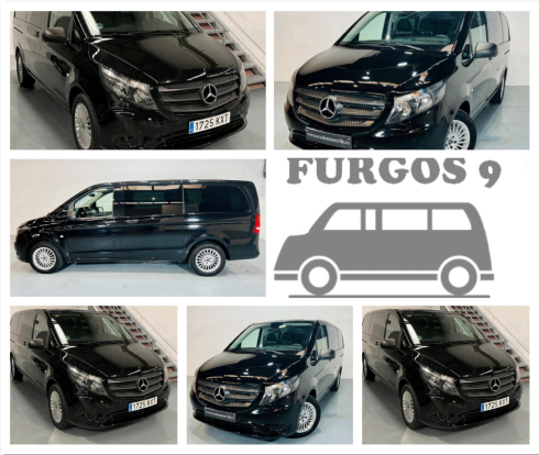 Furgoneta Mercedes negra en alquiler en Tenerife. Placa 1725 KTT. Texto: FURGOS 9.