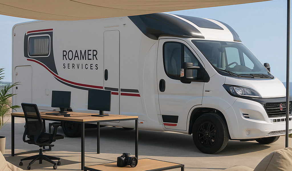Caravana blanca de Roamer Services junto a oficina exterior con dos escritorios.