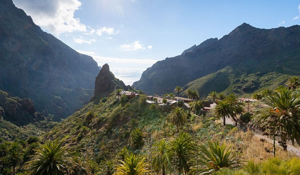 Valle y pueblo en Masca, Tenerife, rodeados de montañas y vegetación.