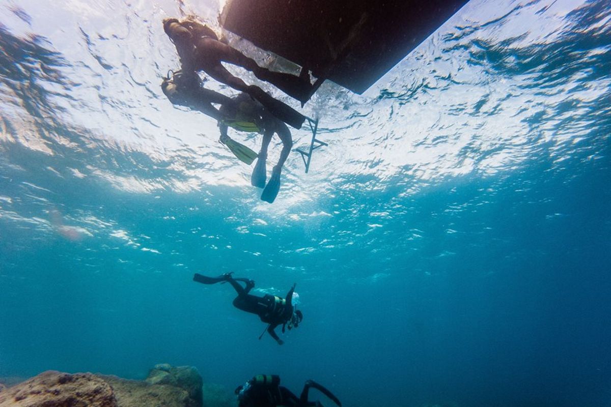 Buceadores explorando el mar bajo un barco en Tenerife.