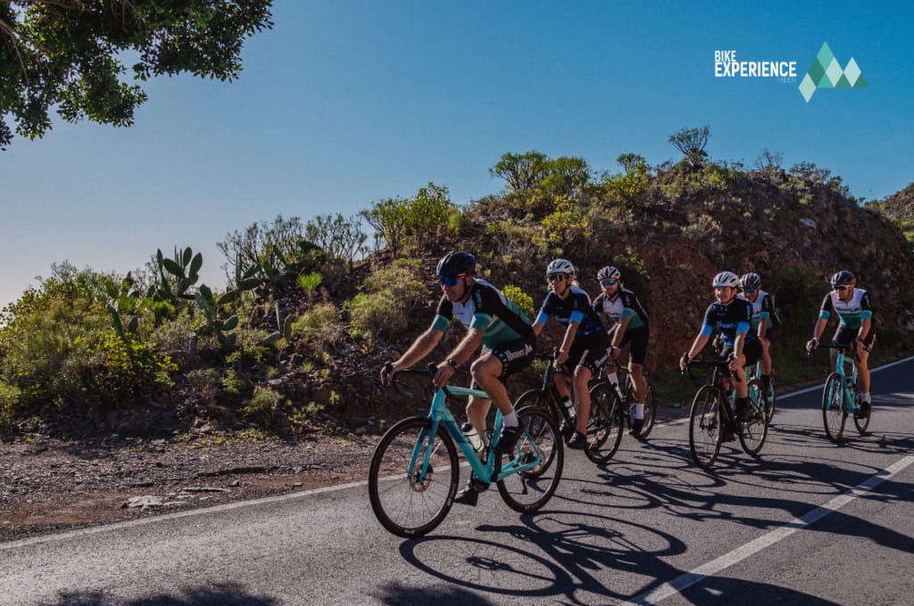 Ciclistas en ruta montañosa de Tenerife, con logo de Bike Experience.