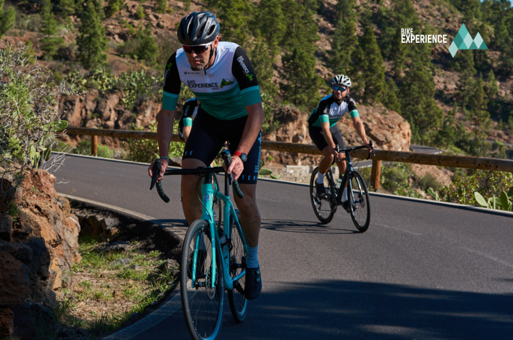 Ciclistas en carretera montañosa en Tenerife, paisaje forestal al fondo.