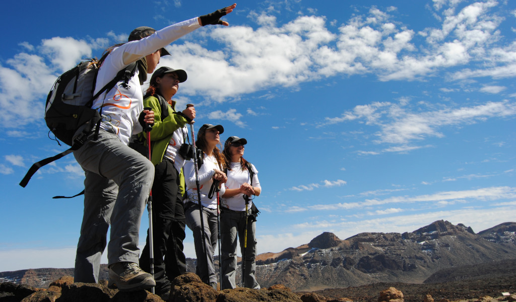 Grupo de excursionistas en el Parque Nacional del Teide, Tenerife, con montañas al fondo.