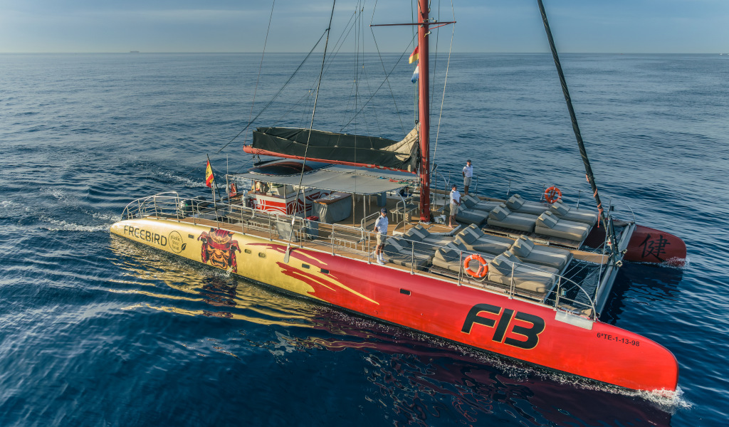 Catamarán Freebird navegando por el mar en Tenerife.