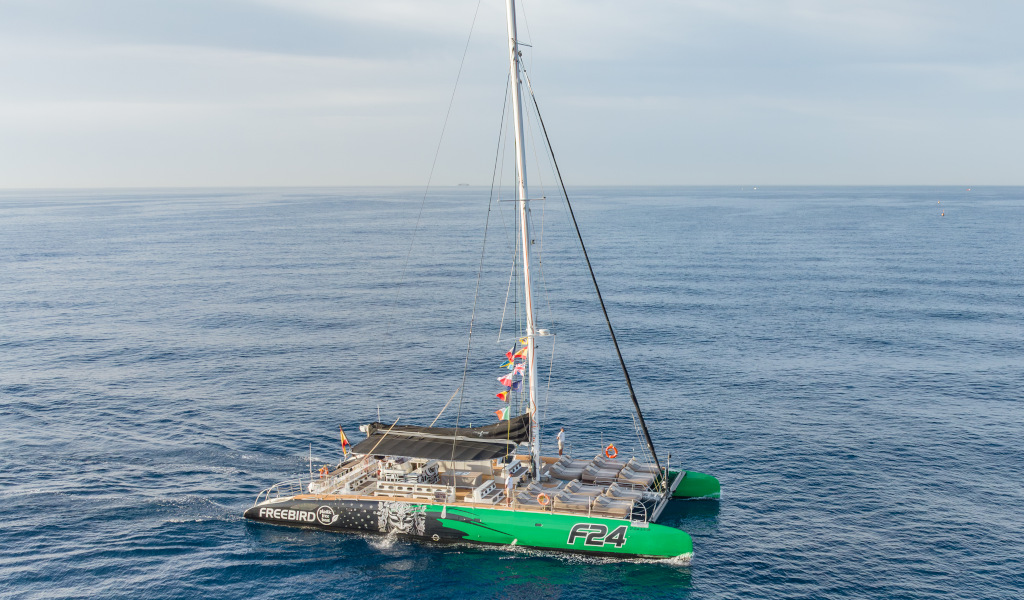 Catamarán navegando en el océano cerca de Tenerife, con velas y banderas coloridas.